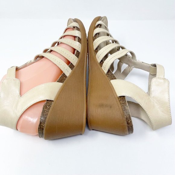 Pure Sole Leather Beige Nude Strappy Open Toe Wedge Sandals Size 9 - Picture 6 of 12